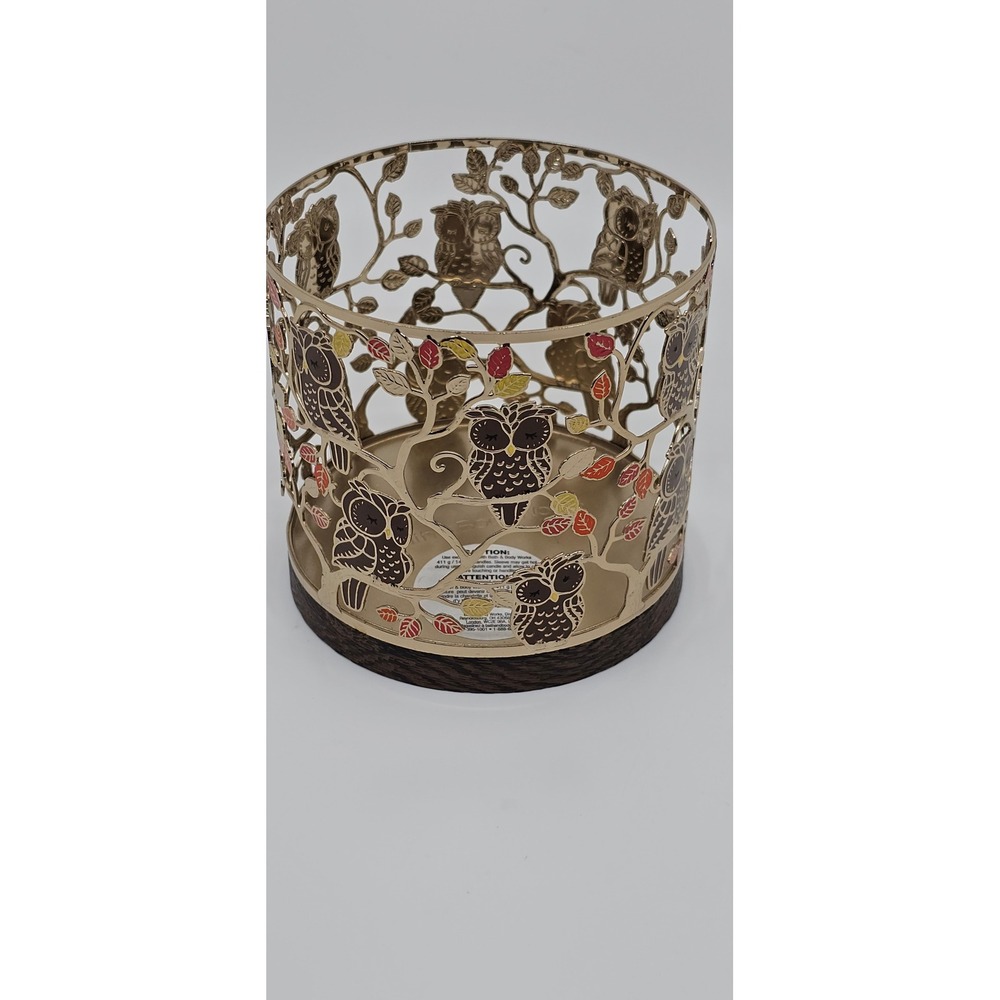 Bath & Body Works Owl 3-Wick Candle Holder Gold Metal Wood Base Fall Decor